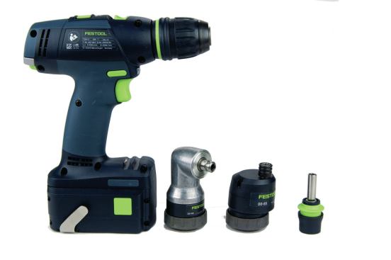 The full kit version of the Festool includes a standard chuck and a series of accessories: a 90-degree-angle attachment that holds the chuck or driver bits directly, an offset bit holder, and a “Centrotec” bit holder that fits special Festool bits.