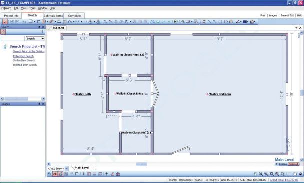 Using XactRemodel drawing tools, the author created this floor plan for a master-bath remodel, then let the software generate takeoff quantities to build a complete line-item estimate.