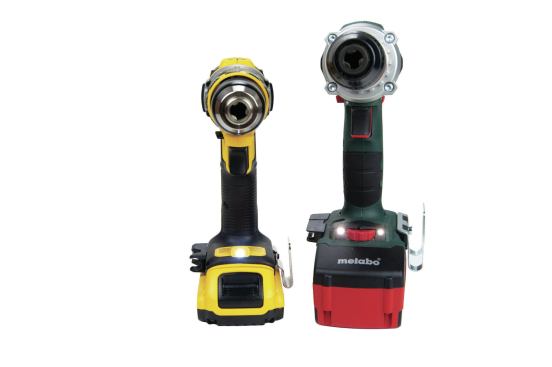 On the DeWalt and Metabo, the headlights are on the base. Bright and well-aimed, DeWalt’s LED provides the best illumination.