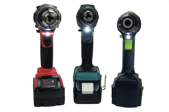 The LED headlights are just above the trigger on the Milwaukee, Makita, and Festool.