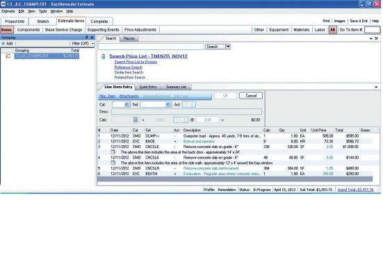 This screen shows how a job phase — in this case, a subcontractor’s square-foot price for slab demolition and regrading — can be itemized in Xact­Remodel to include everything involved in the work.