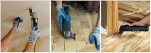 Multi-tools can be used for tasks such as cutting out drywall (left), removing grout and excess thinset (middle), and trimming door jambs (right).