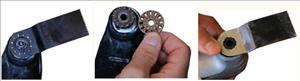 Bosch prevents slippage by keying its blades to a series of pins on the mounting plate (left). If an adapter (middle) is placed over the pins, Fein's blades can be used on this tool. The 12-sided hole in a Rockwell blade fits over a six-sided post on the tool (right).