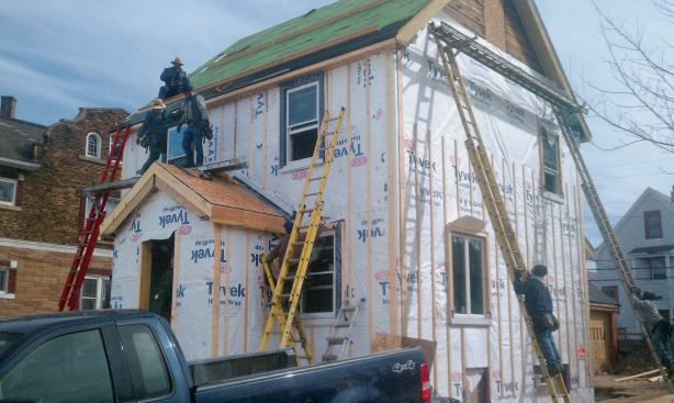 The primary purpose of housewrap is water protection, as shown here where it serves as a drainage plane to keep wind-driven rain and snow out of the walls. Housewrap doesn’t make a good air barrier. While the seams can be taped to improve its air resistance, it should never be taped at the bottom, otherwise it can trap water. You’re better off air sealing with a combination of peel-and-stick tapes, sealants, and gaskets.
