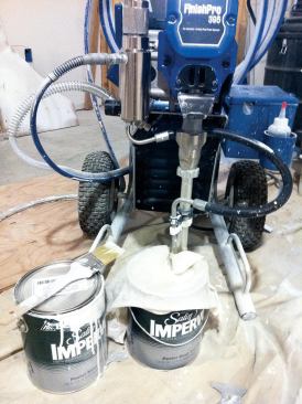 For production spraying of heavy-bodied waterborne trim paints, the author uses Graco’s Finish Pro 395 (A) air-assisted airless sprayer