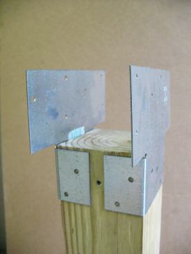 Hardware for post-to-beam connections is available for both new and retrofit construction. The USP PBS44, a two-piece connector for attaching a 4x4 post to a 4-by beam, can be used in either new or retrofit construction.