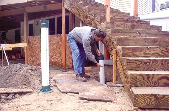 When stringers require intermediate support, the author uses tube forms to grade,