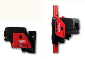 Hilti makes several accessories for the PMC 36, including a magnetic bracket (left) and a telescoping pole (right). Wedged between the floor and ceiling, the pole can be used to support the laser.
