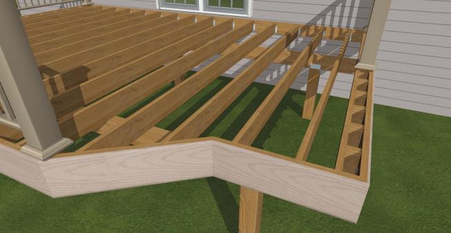 Where picture-frame decking runs parallel to the framing, blocking between joists provides support. Spacing the two outer joists 3 5/8 inches apart allows for easy installation of railing posts.