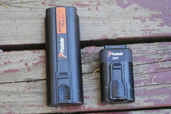 The lithium-ion battery (right) for this tool is half the size and weight of the nicad battery (left) for the previous model.