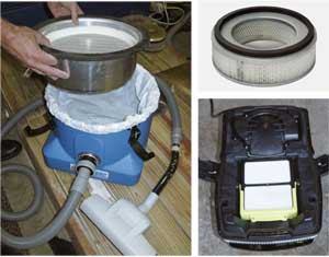 HEPA filters are designed to stop 99.97 percent of particles down to 0.3 microns in size. The oversize filter in this Mastercraft model (far left) installs over a prefilter, which extends its life by capturing most of the fine dust that gets through the collection bag. Like most HEPA filters, the Dustless Technologies filter (above left) is gasketed to prevent air from leaking through. The rectangular filter in Festool's vacuum (left) fits into a frame