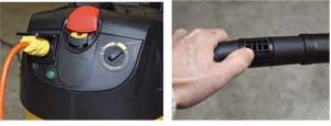 The dial on this tool-activated vacuum (left) allows the user to turn down the suction; you might want to do this while collecting dust from a sander or to prevent the machine from pulling plastic protection off the floor. You can reduce suction on vacs without this feature by uncovering a secondary opening (right) on the wand.