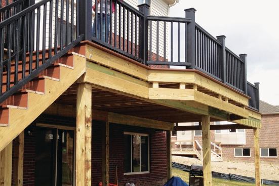 Occasionally, the deck design or framing configuration requires the addition of horizontal blocking at the perimeter. In this case, the picture-frame decking border must extend far enough to cover the additional thickness.