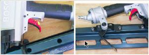 The framer's firing mode is controlled by a switch on the back of a large, comfortable trigger (left). Jams can be cleared by pivoting a lever (right) and pulling back on the magazine.