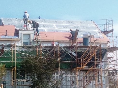 Plywood sheathing, screwed through the foam insulation on the roof and into the rafters, provided continuous nailing for the red cedar roof shingles. The seams were taped per the manufacturer’s instructions, and a mesh drainage layer went between the sheathing and the shingles.