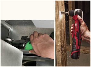 Hitachi’s right-angle impact driver (above) works well in tight quarters because it’s short and narrow. The Milwaukee drill/driver (right) — shown with a stubby bit in the chuck — is good for drilling the occasional hole in locations that would be hard to get at with a larger tool.