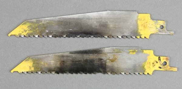 Blades cut faster and last longer when used in orbital mode. These DeWalt blades were tested to failure; the upper one made 53 cuts in linear mode and the lower one 100 cuts in orbital.