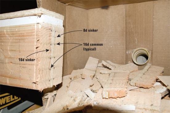 The test plank consisted of a piece of OSB sandwiched between 2x6s and capped with drywall and more OSB. The central piece of OSB was flanked by 12 rows of nails  – so the recip blade had  to cut 12 nails each time it went through the plank.