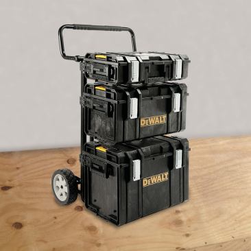 The DS Carrier is a wide two-wheeled dolly designed to carry ToughSystem boxes and other items.