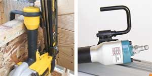 Of the guns with rafter hooks, only DeWalt's (far left) and Paslode's are wide enough to fit over thick engineered material. The Makita's hook (left), while sturdy and made from metal, is barely wide enough to fit over 2-by lumber.