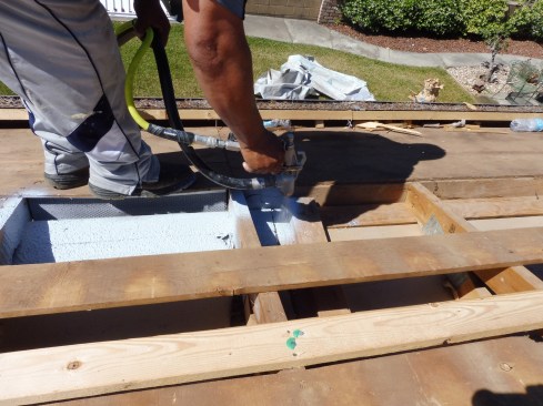 On this house we got lucky: It needed a new roof, so I had the rare opportunity to access some of the difficult attic air-sealing areas from the roof. It took 35 minutes to cover 70 linear feet of top plate.