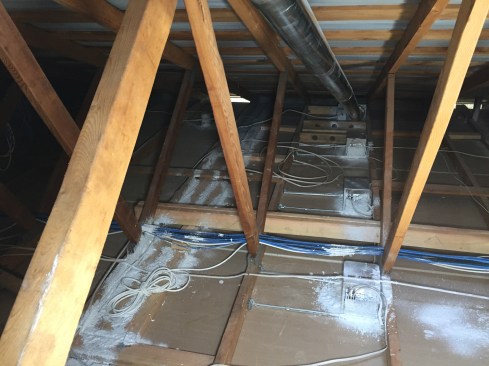 The attic had 59 light cans, 410 linear feet of top plates, 57 wire holes, six plastic pipes, three fan boxes, and two metal pipes—all punctures through the ceiling. Some of those punctures leak a lot and some a little, but the only way to kill the stack through the lid was to go after all the potential leaks.