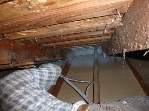 With the spray gun, you don’t always have to be right up on the target. The spray rig could reach far back into the difficult juncture of rafter tails and ceiling joist.