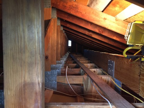 This was a fairly simple and roomy attic to work in. There were, however, sections with belly-crawl access only, adding time to the job. Outside daytime temperatures hit 90+ degrees, so we started early and quit early.