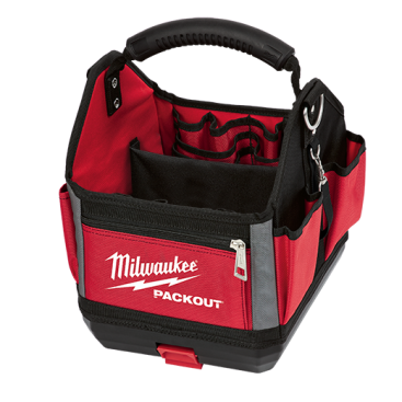 The PACKOUT 10" Tote has an impact resistant molded base that fully integrates with all Packout components. It's made with 1680D ballistic material, metal hardware, and features 28 total pockets.  Size: 11"L x 10"W x 13"H. Weight: 4.51 lbs. Item number 48-22-8310 ($79.99)