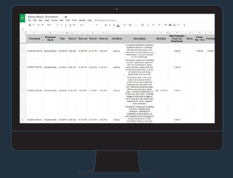 Labor reporting “back end.” Daily hours reported by the author’s employees on site dump directly to a Google Sheet in the cloud, which the company’s office manager can view on her desktop computer. Total hours for each employee, hours spent on specific tasks, and descriptions or comments from the employees all appear in an organized format, in a continually updated permanent record. The office manager then copies and pastes the information into Excel for processing and analysis.