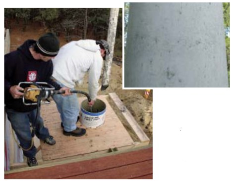 Periodic vibration during the pour helped the mix consolidate around the rebar and against the form’s surface. Even with vibration, the column’s surface had small pits and voids (inset); these can be easily grouted flush if the customer wants.