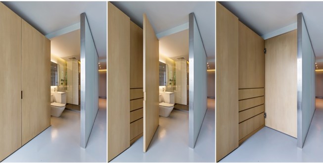In Unit 3E, Vladimir Radutny Architects designed walls, doors, and shelving that all serve multiple functions when based on the configuration.