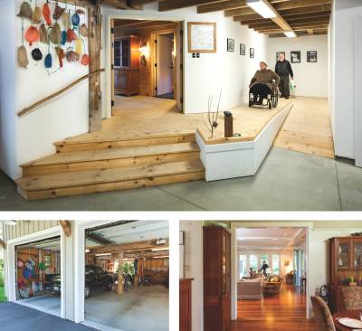 An indoor ramp makes life easier for anyone who finds stairs challenging. A covered entry protects those who need extra time to exit a car (below, left). Threshold-free openings make interiors accessible (below, right).