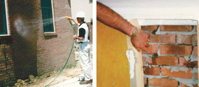 In this hose test, water penetrated brick veneer in less than a minute (right). The wall behind brick veneer must be designed to drain.