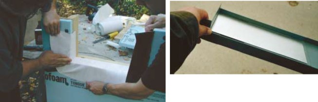 Another option is Jamsill Guard, an injection-molded plastic sill pan with seamless corners, shown above. The author highly recommends Tyvek FlexWrap for pan flashings, whether the drainage plane is housewrap or rigid foam.