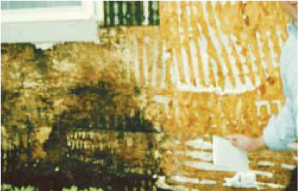 This wall shows characteristic damage from leaks at the window frame joints. Good flashings and a drainage plane would have saved the structure.