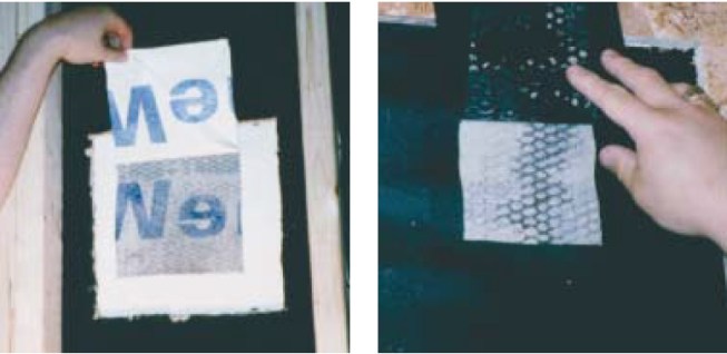 Portland cement stucco stuck tightly to housewrap (left) and felt paper (right) in the author’s tests, destroying the effective water repellency of the building papers.