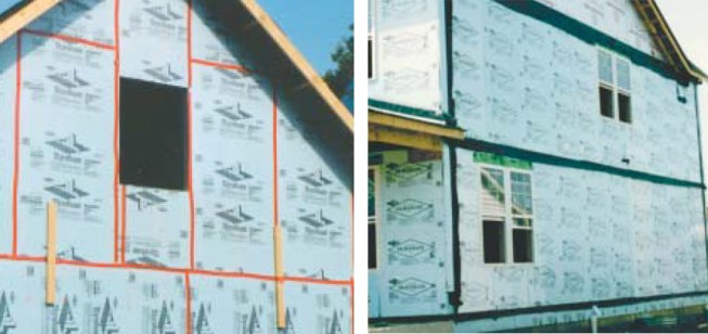 Extruded polystyrene or foil-faced polyethylene can be an effective drainage plane material. Joints in the foam can be taped with red Tyvek tape (left). To reduce reliance on tape or sealant, the author likes to apply the foam with shiplap joints at the vertical seams and a black poly strip as a Z-flashing at horizontal joints (right).
