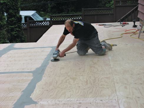 Before a membrane-type vinyl covering is installed, seams and fastener holes must be filled using the manufacturer’s patching compound. 