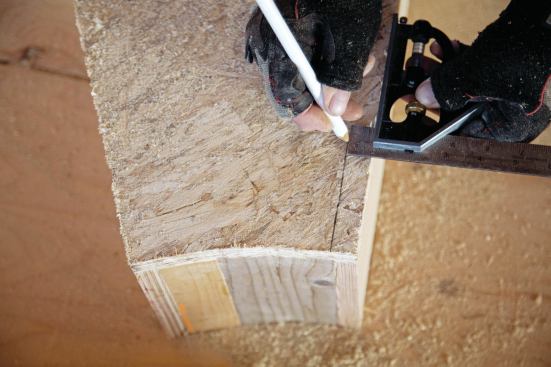 To maintain an accurate overlap, I tacked temporary stops 3/4 inch in from the back edge of my first winder tread.