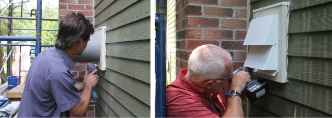 If the standard through-wall sleeve for the ComfoAir 70 is too long for the wall thickness, the tube can be trimmed to length (left), as long as there is still room for the unit's fan, which is housed inside the tube. As a final step, the vent grille and cover are installed (right).
