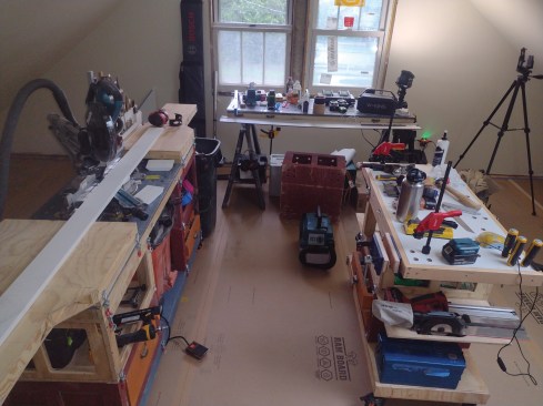 When the author is on a jobsite for a long period of time, he can set up a full workshop to take care of various tasks.