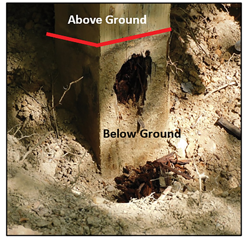 A 10-year-old embedded post treated to the level of UC4A has prematurely decayed where the wood is below ground.