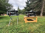 The Flex cordless table saw is available in 8 1/4-inch (on stand, at left in photo) and 10-inch (on table, at right in photo) models. The stand can be configured for either model.
